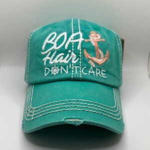 “Boat Hair Don't Care” Teal Distressed Ball Cap